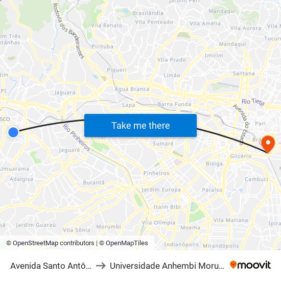 Avenida Santo Antônio to Universidade Anhembi Morumbi map