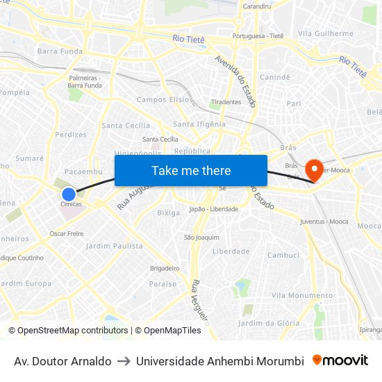 Av. Doutor Arnaldo to Universidade Anhembi Morumbi map