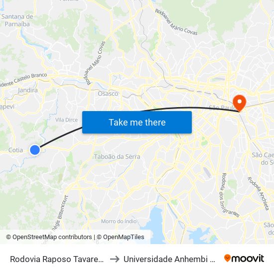 Rodovia Raposo Tavares Km 30 to Universidade Anhembi Morumbi map