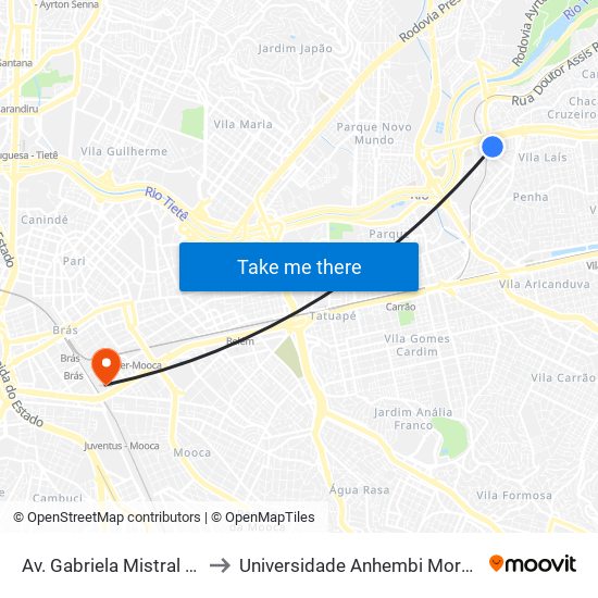 Av. Gabriela Mistral 500 to Universidade Anhembi Morumbi map