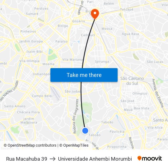 Rua Macahuba 39 to Universidade Anhembi Morumbi map