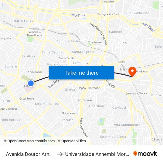 Avenida Doutor Arnaldo to Universidade Anhembi Morumbi map