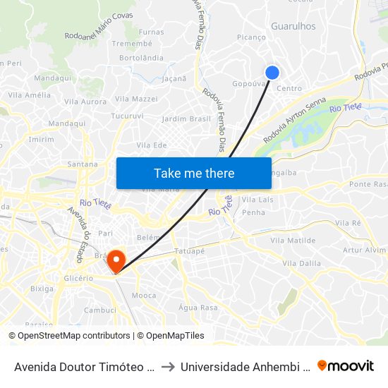 Avenida Doutor Timóteo Penteado to Universidade Anhembi Morumbi map