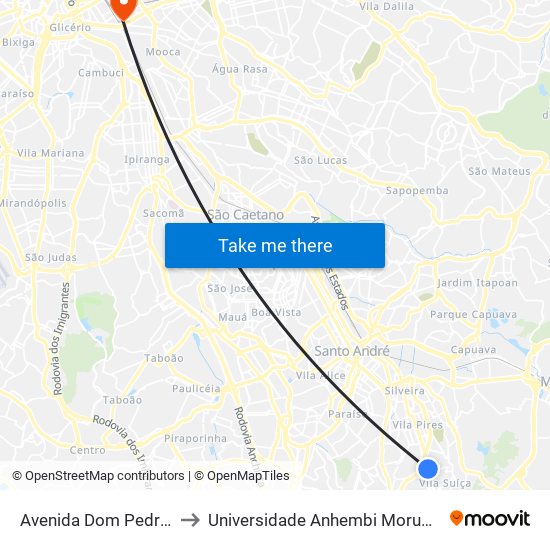 Avenida Dom Pedro I to Universidade Anhembi Morumbi map