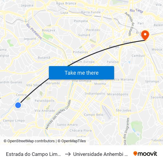 Estrada do Campo Limpo 5554 to Universidade Anhembi Morumbi map