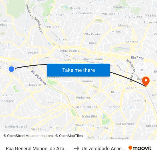 Rua General Manoel de Azambuja Brilhante 456 to Universidade Anhembi Morumbi map