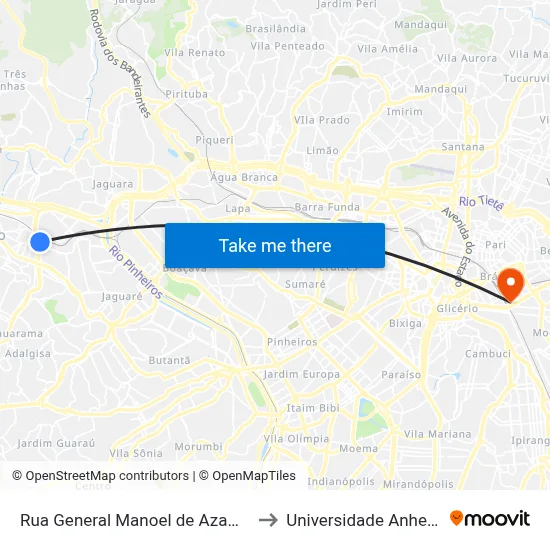 Rua General Manoel de Azambuja Brilhante 456 to Universidade Anhembi Morumbi map