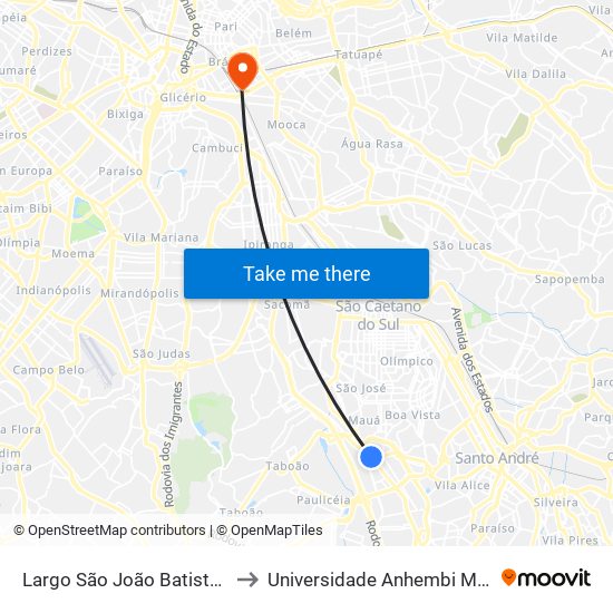 Largo São João Batista 5010 to Universidade Anhembi Morumbi map