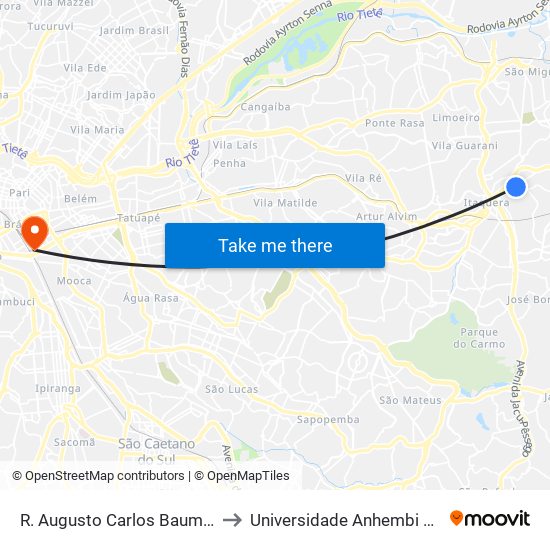 R. Augusto Carlos Bauman 1046 to Universidade Anhembi Morumbi map