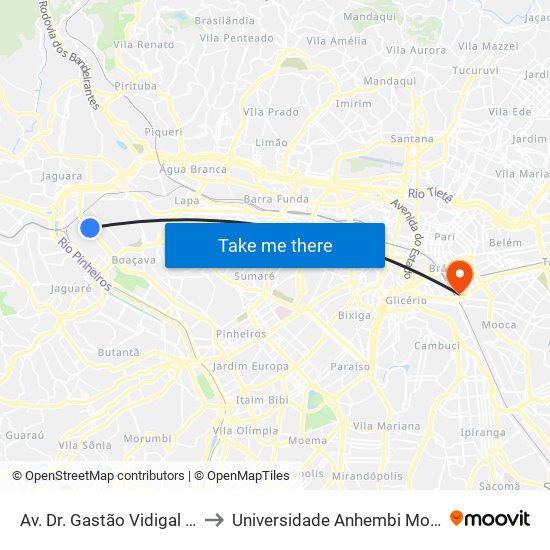 Av. Dr. Gastão Vidigal 1437 to Universidade Anhembi Morumbi map