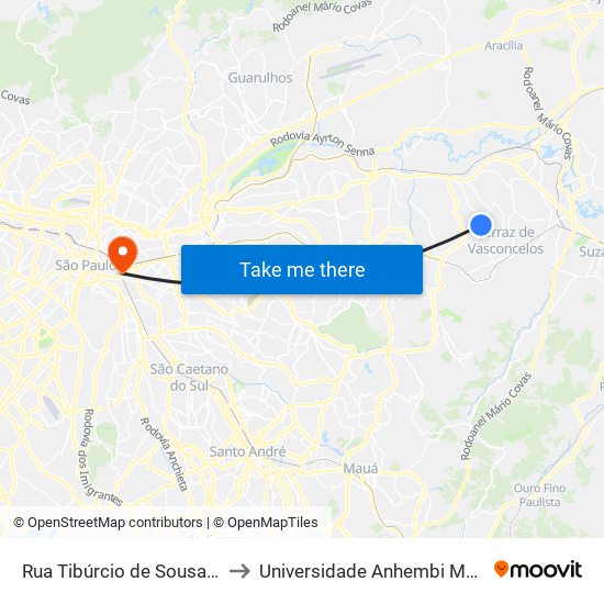 Rua Tibúrcio de Sousa 3350 to Universidade Anhembi Morumbi map