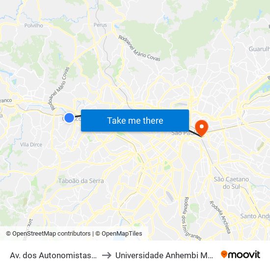 Av. dos Autonomistas 5110 to Universidade Anhembi Morumbi map