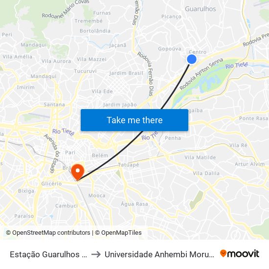 Estação Guarulhos Stt to Universidade Anhembi Morumbi map