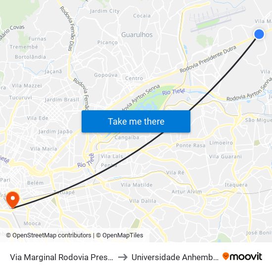 Via Marginal Rodovia Presidente Dutra to Universidade Anhembi Morumbi map