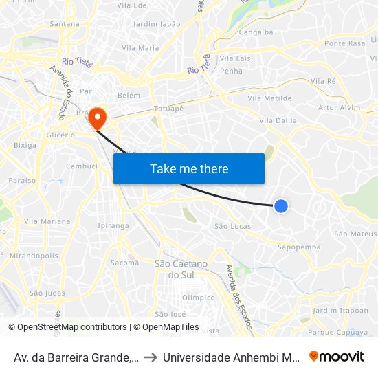 Av. da Barreira Grande, 1710 to Universidade Anhembi Morumbi map