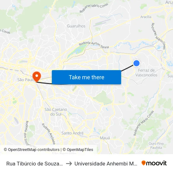Rua Tibúrcio de Souza, 1501 to Universidade Anhembi Morumbi map