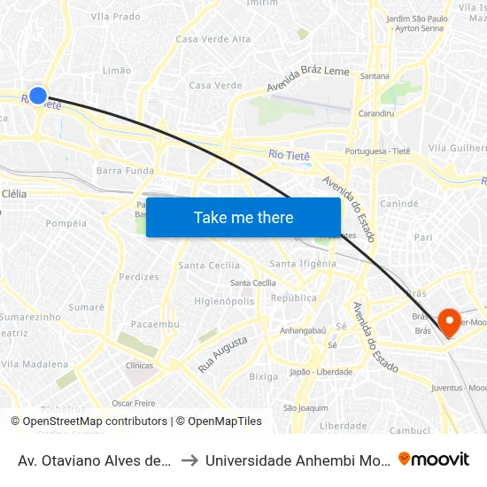 Av. Otaviano Alves de Lima to Universidade Anhembi Morumbi map
