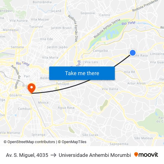 Av. S. Miguel, 4035 to Universidade Anhembi Morumbi map