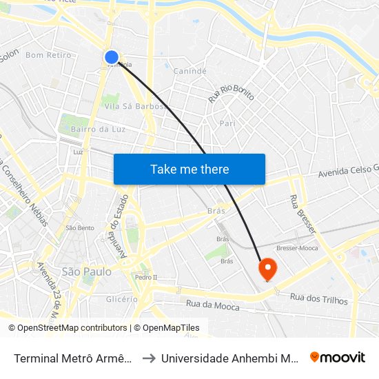 Terminal Metrô Armênia Sul to Universidade Anhembi Morumbi map