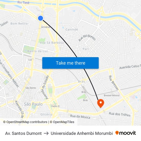 Av. Santos Dumont to Universidade Anhembi Morumbi map