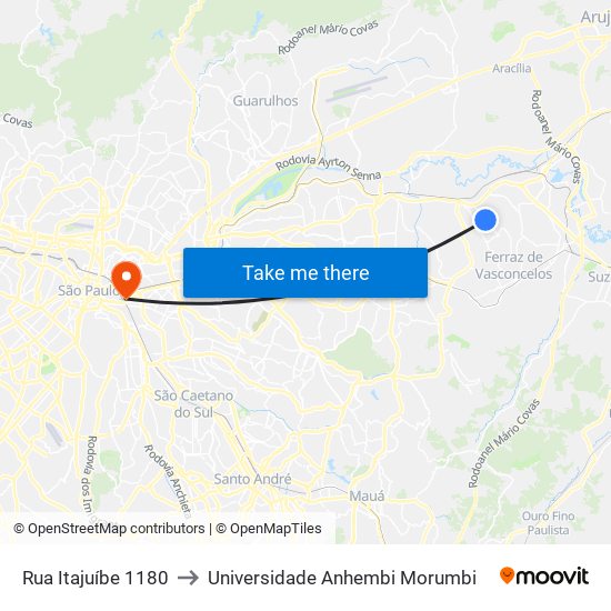 Rua Itajuíbe 1180 to Universidade Anhembi Morumbi map