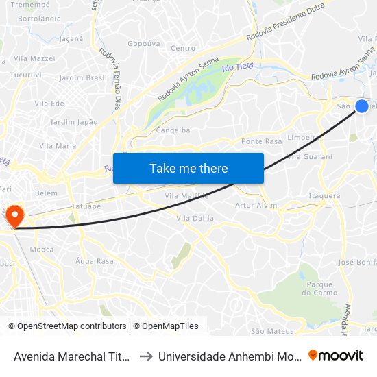 Avenida Marechal Tito 990 to Universidade Anhembi Morumbi map