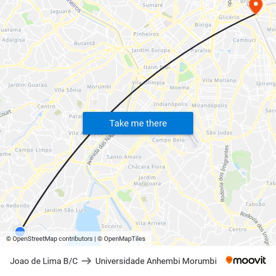 Joao de Lima B/C to Universidade Anhembi Morumbi map