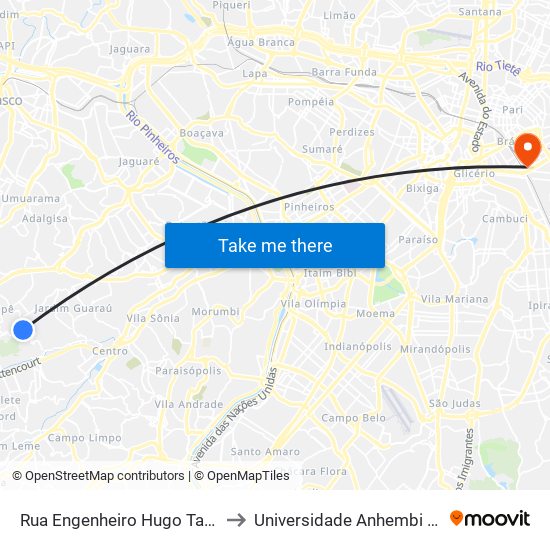 Rua Engenheiro Hugo Takahashi 2 to Universidade Anhembi Morumbi map