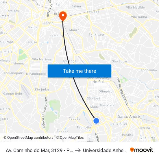 Av. Caminho do Mar, 3129 - Parada Jair Fongaro to Universidade Anhembi Morumbi map