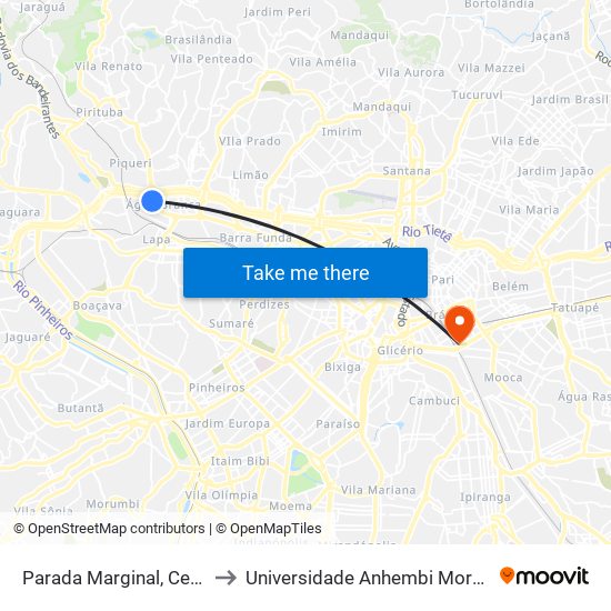 Parada Marginal, Centro to Universidade Anhembi Morumbi map