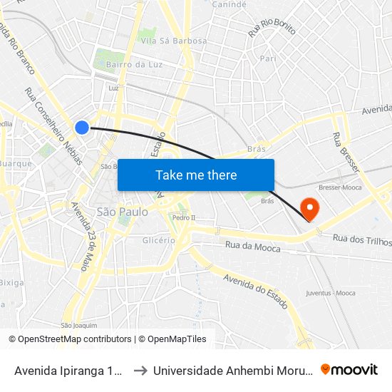 Avenida Ipiranga 1119 to Universidade Anhembi Morumbi map