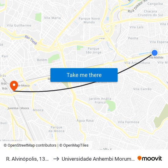 R. Alvinópolis, 1350 to Universidade Anhembi Morumbi map