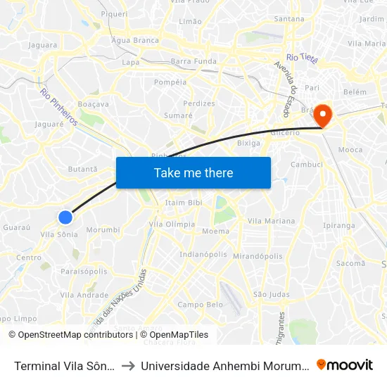 Terminal Vila Sônia to Universidade Anhembi Morumbi map