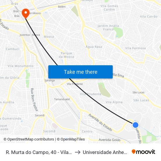 R. Murta do Campo, 40 - Vila Alpina, São Paulo to Universidade Anhembi Morumbi map