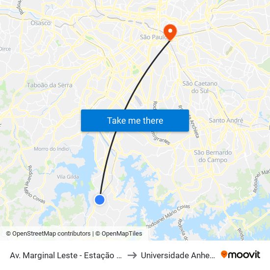 Av. Marginal Leste - Estação Mendes - Vila Natal to Universidade Anhembi Morumbi map