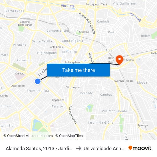 Alameda Santos, 2013 - Jardim Paulista, São Paulo to Universidade Anhembi Morumbi map