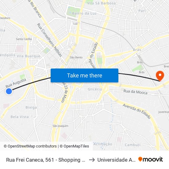 Rua Frei Caneca, 561 - Shopping Frei Caneca - Bela Vista, São Paulo to Universidade Anhembi Morumbi map