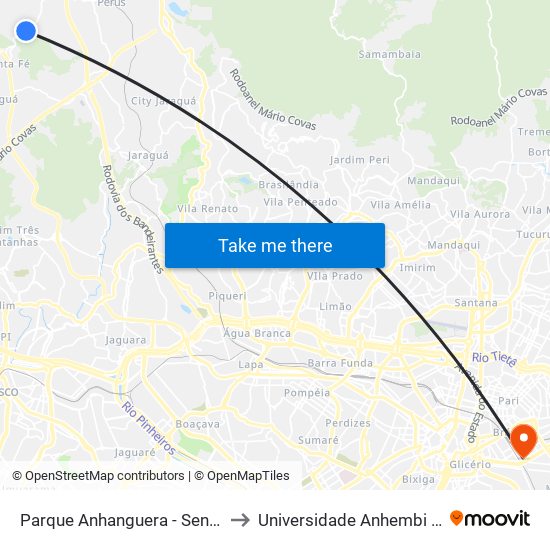 Parque Anhanguera - Sentido Perus to Universidade Anhembi Morumbi map