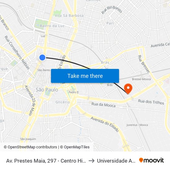 Av. Prestes Maia, 297 - Centro Histórico de São Paulo, São Paulo to Universidade Anhembi Morumbi map