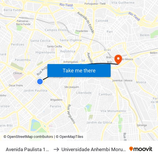 Avenida Paulista 1810 to Universidade Anhembi Morumbi map