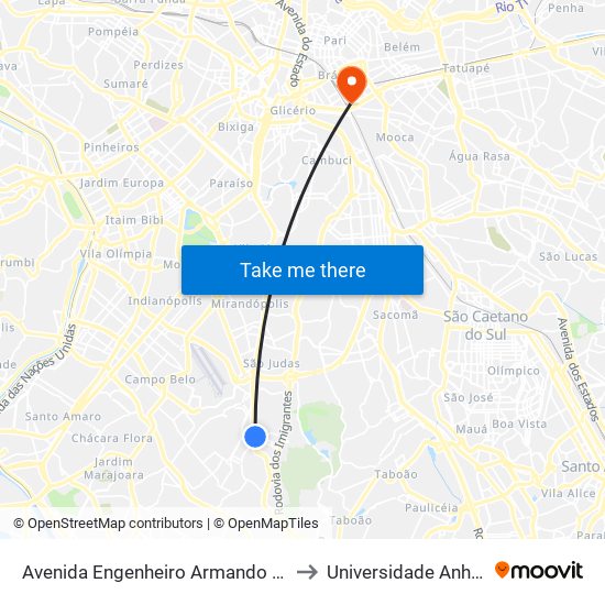 Avenida Engenheiro Armando de Arruda Pereira 2100 to Universidade Anhembi Morumbi map