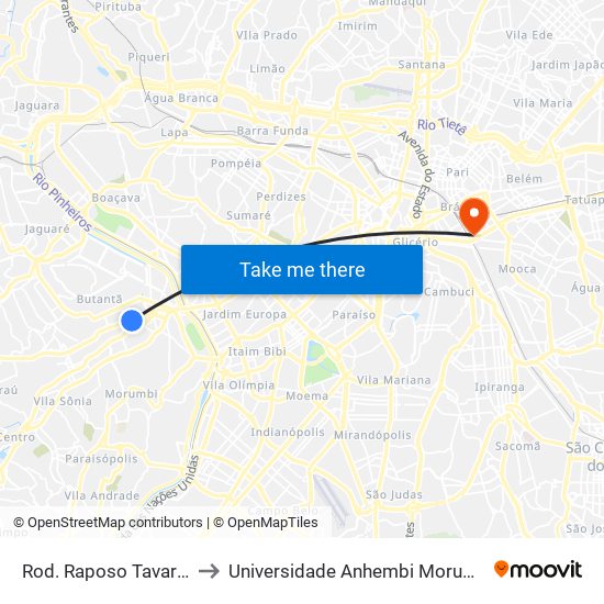 Rod. Raposo Tavares to Universidade Anhembi Morumbi map