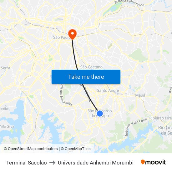 Terminal Sacolão to Universidade Anhembi Morumbi map