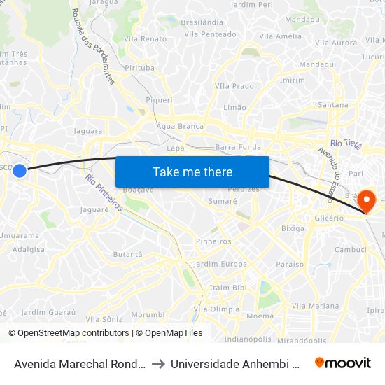 Avenida Marechal Rondon 249 to Universidade Anhembi Morumbi map