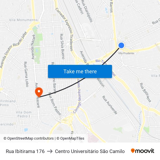 Rua Ibitirama 176 to Centro Universitário São Camilo map