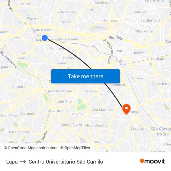 Lapa to Centro Universitário São Camilo map