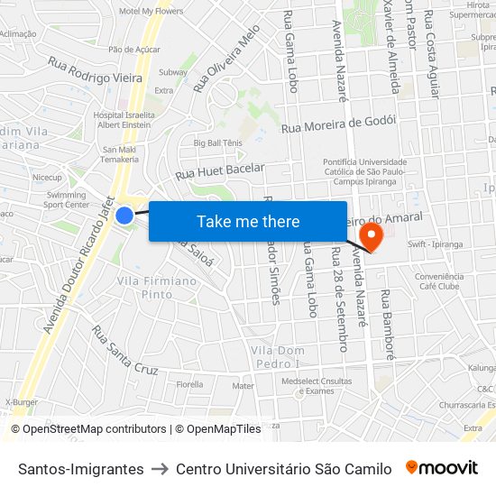 Santos-Imigrantes to Centro Universitário São Camilo map