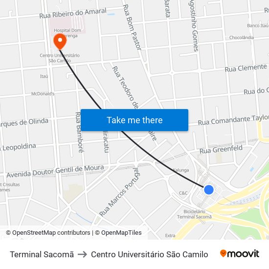 Terminal Sacomã to Centro Universitário São Camilo map