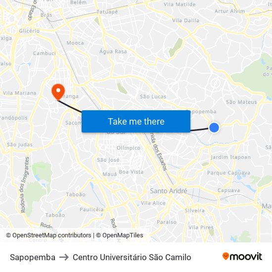 Sapopemba to Centro Universitário São Camilo map