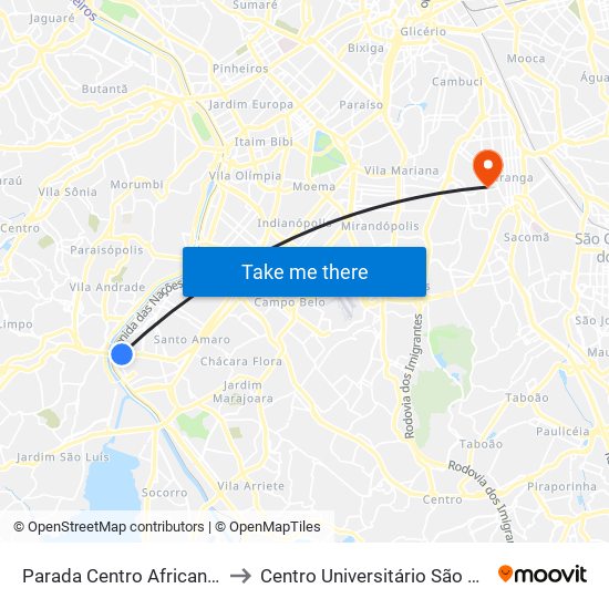 Parada Centro Africana B/C to Centro Universitário São Camilo map